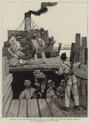 La guerra en el Sudán, marineros disparando a los rebeldes desde uno de los vapores de Gordon